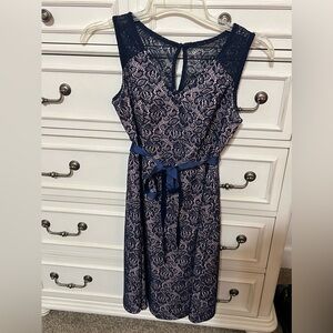 Navy blue lace maternity dress with ribbon detail